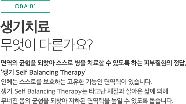생기치료 무엇이 다른가요? 면역의 균형을 되찾아 스스로 병을 치료할 수 있도록 하는 피부질환의 정답, ‘생기 Self Balancing Therapy’ 인체는 스스로를 보호하는 고유한 기능인 면역력이 있습니다.생기 Self Balancing Therapy는 타고난 체질과 살아온 삶에 의해 무너진 몸의 균형을 되찾아 저하된 면역력을 높일 수 있도록 돕습니다.