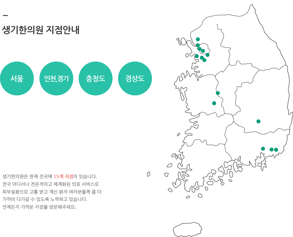 생기한의원은 현재 전국에 16개 지점이 있습니다. 전국 어디서나 전문적이고 체계화된 의료 서비스로 피부질환으로 고통 받고 계신 환자 여러분들께 좀 더 가까이 다가갈 수 있도록 노력하고 있습니다. 언제든지 가까운 지점을 방문해주세요.