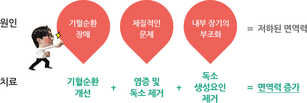 원인:기현순환장애, 체질적인문제, 내부장기의 부조화=저하된 면역력 / 치료:기혈순환개선, 염증 및 독소제거, 독소 생성요인 제거=면역력 증가